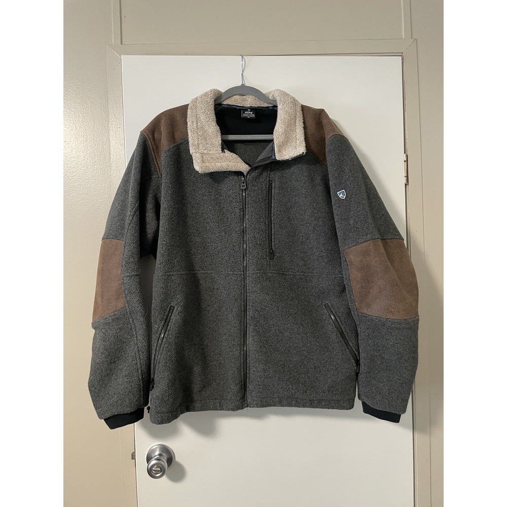 Kuhl Alpenwurx Jacket Mens XL Gray Fleece Brown Accents Full Zip Outdoors